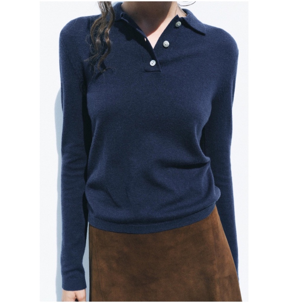NEW ZARA 100% Wool Navy Polo Knit Sweater Top | XL